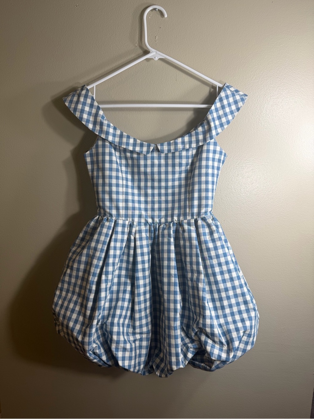Lily Brown Blue & White Gingham Bubble Hem Off-Shoulder Mini Dress Sz 0